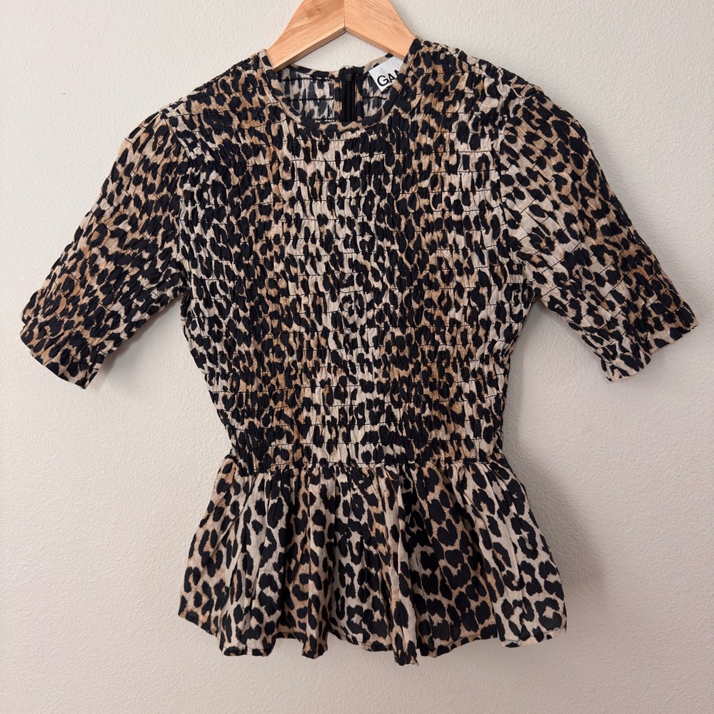 Ganni Animal Print Peplum Blouse